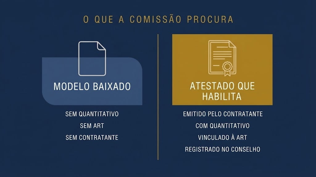Comparação entre o modelo de atestado genérico e o atestado que habilita na licitação
