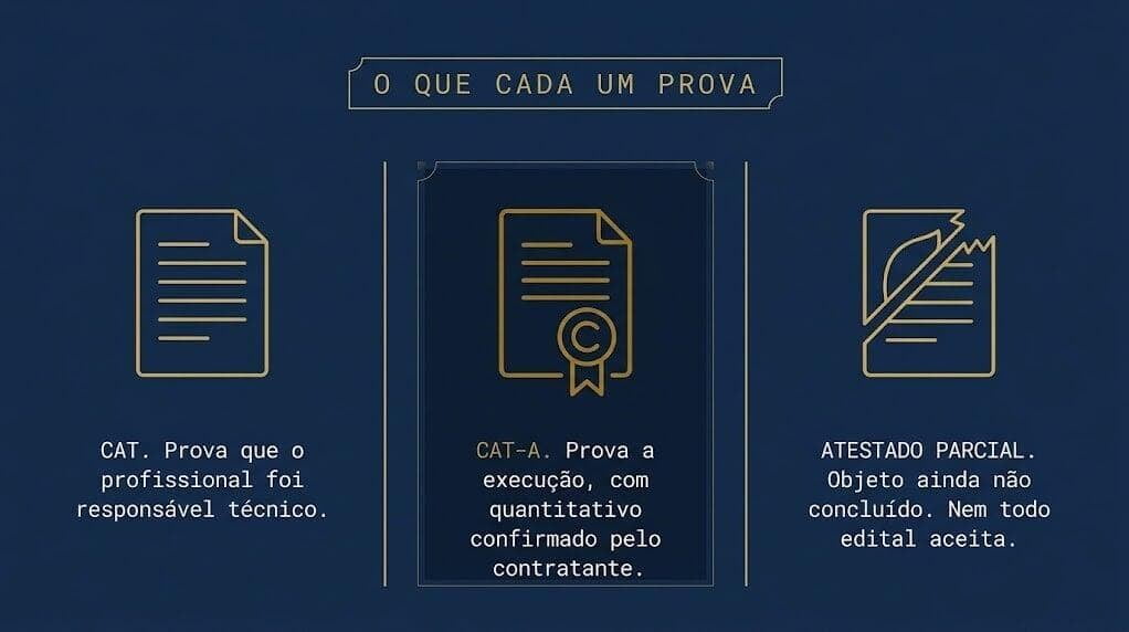 Comparação entre CAT, CAT com registro de atestado e atestado de execução parcial