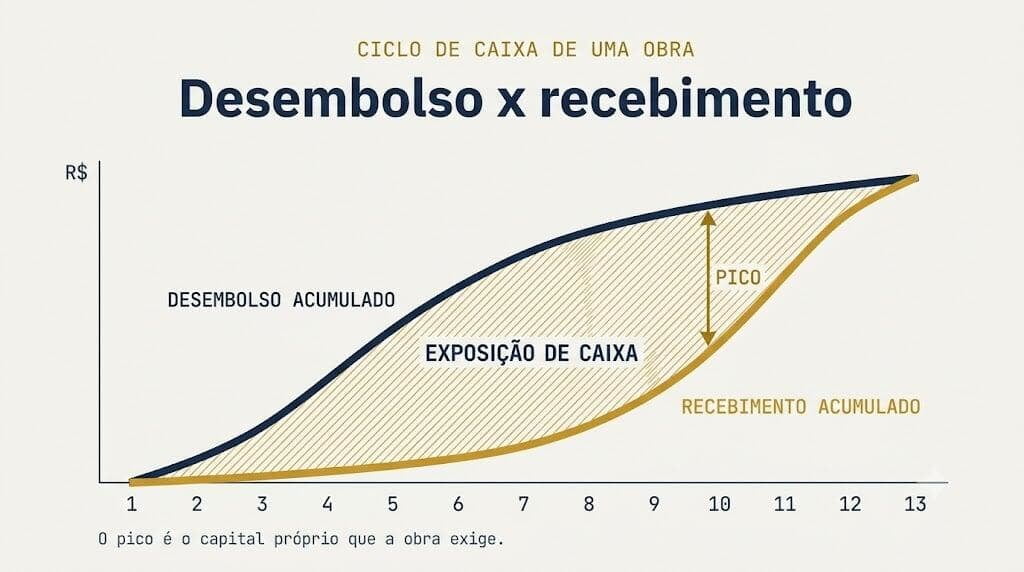 Curva de exposição de caixa em obra pública mostrando desembolso acumulado, recebimento e o pico de exposição