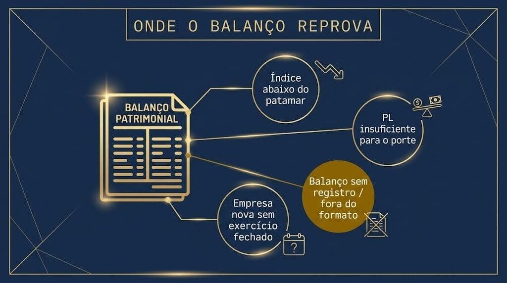 Os pontos onde a qualificação econômico-financeira reprova a empresa na habilitação