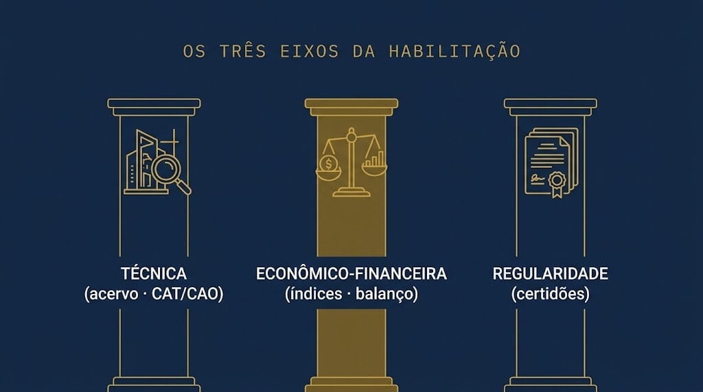 Os três eixos da habilitação: qualificação técnica, econômico-financeira e regularidade